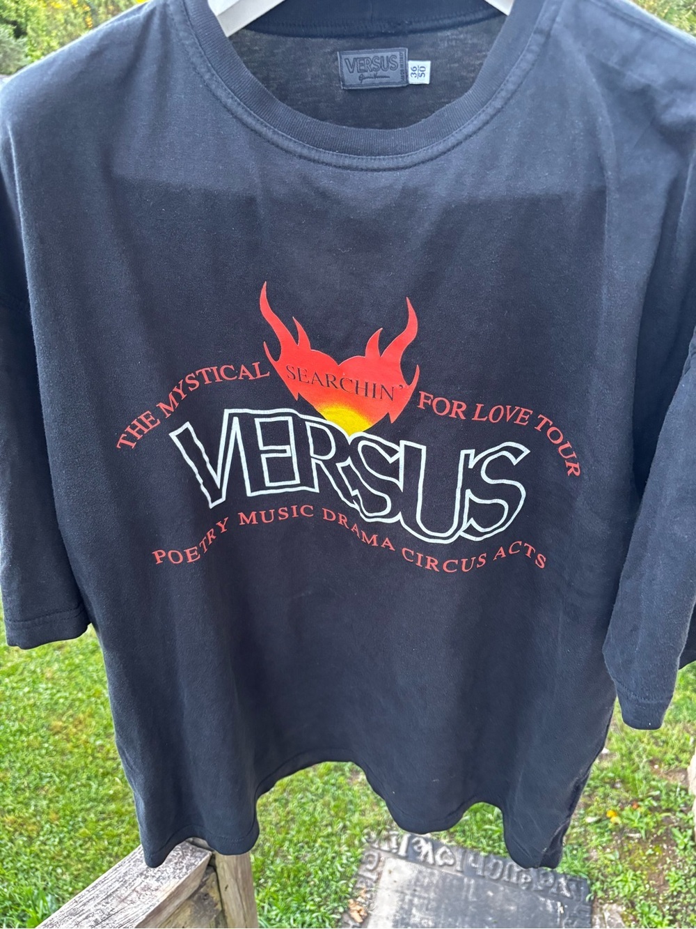 Vintage Versace Black Tee with Red and Yellow Flame Logo Searching for Love - Picture 6 of 15